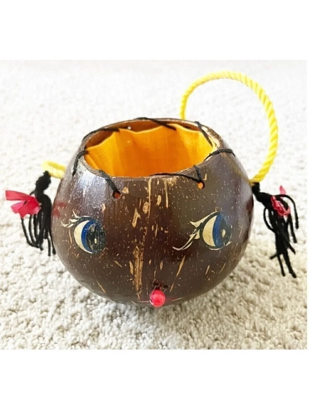 Handmade Coconut Shell Purse Smiley Girl Face Braided Hair Curiosity Oddity
